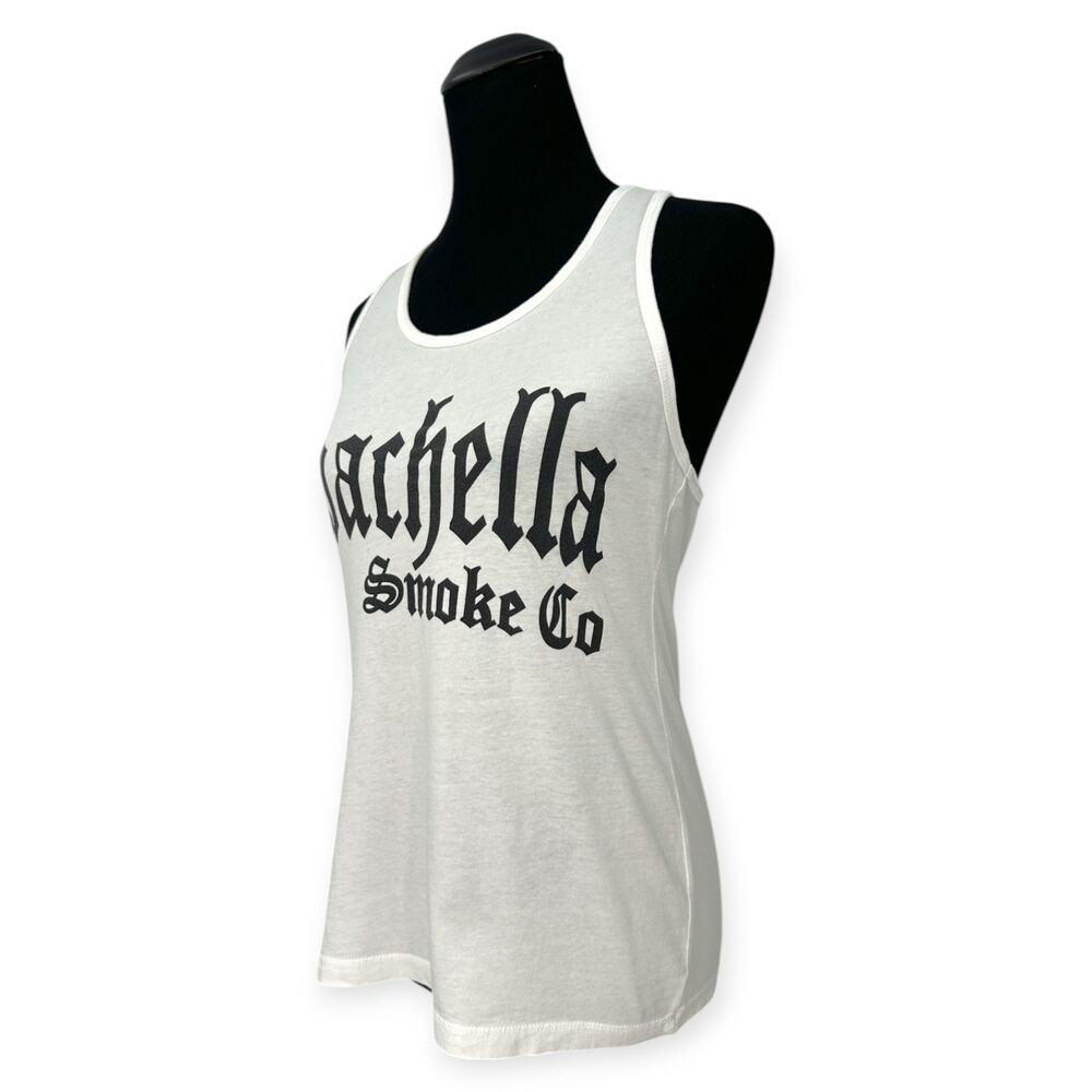 Coachella Smoke Co | L | Women's White Cotton Text Graphic Racerback Tank Top